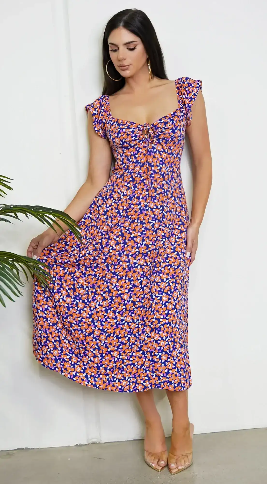 Image of Lacinda Blue Orange Multi Floral Print Maxi Dress