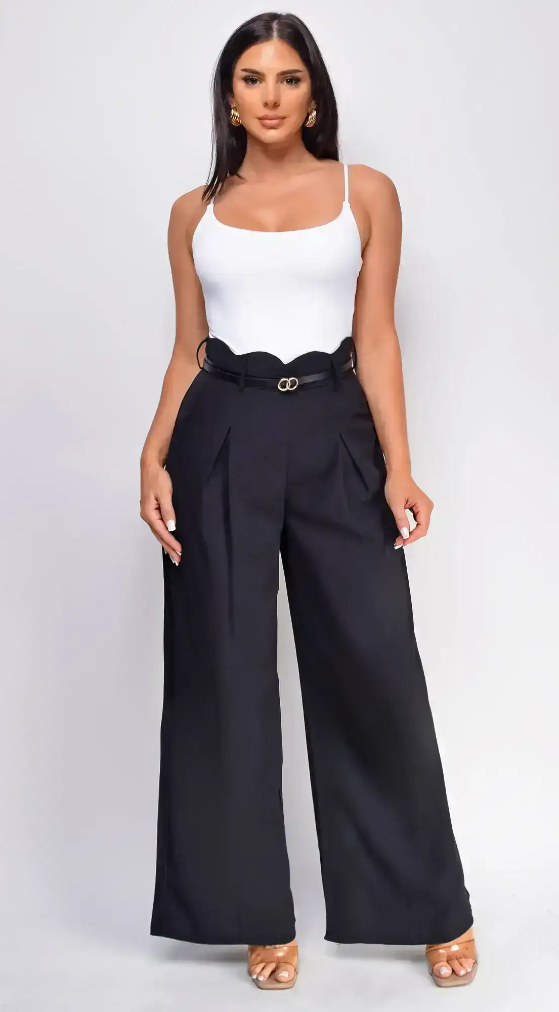 Image of Avana Black Scallop Waist Pintuck Wide Leg Pants