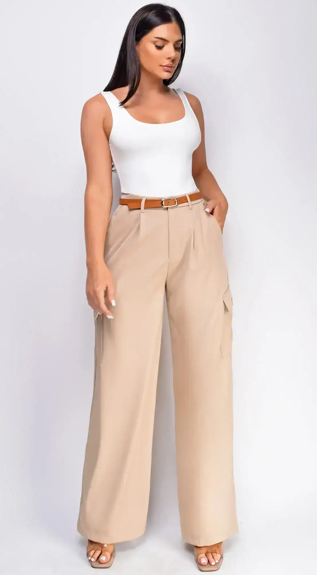 Image of Iva Beige Wide Leg Cargo Pocket Pants