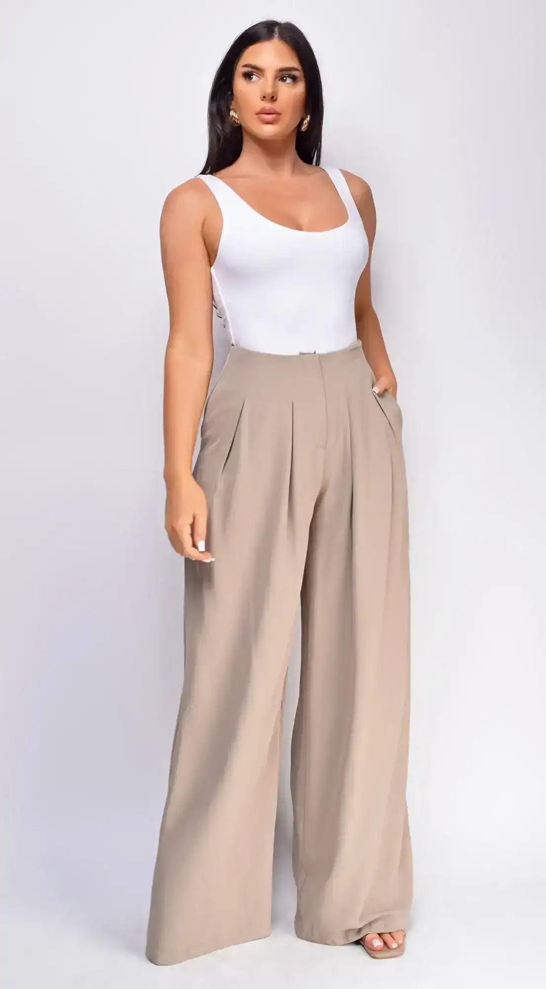 Image of Suri Beige Wide Pleated Wide Leg Pants