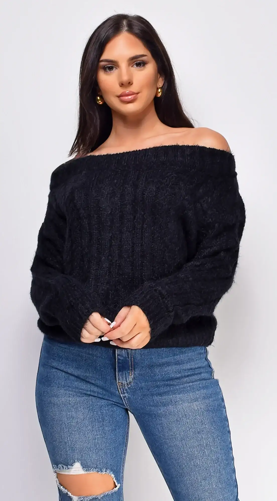 Image of Iliana Black Off Shoulder Braid Cable Knit Sweater Top