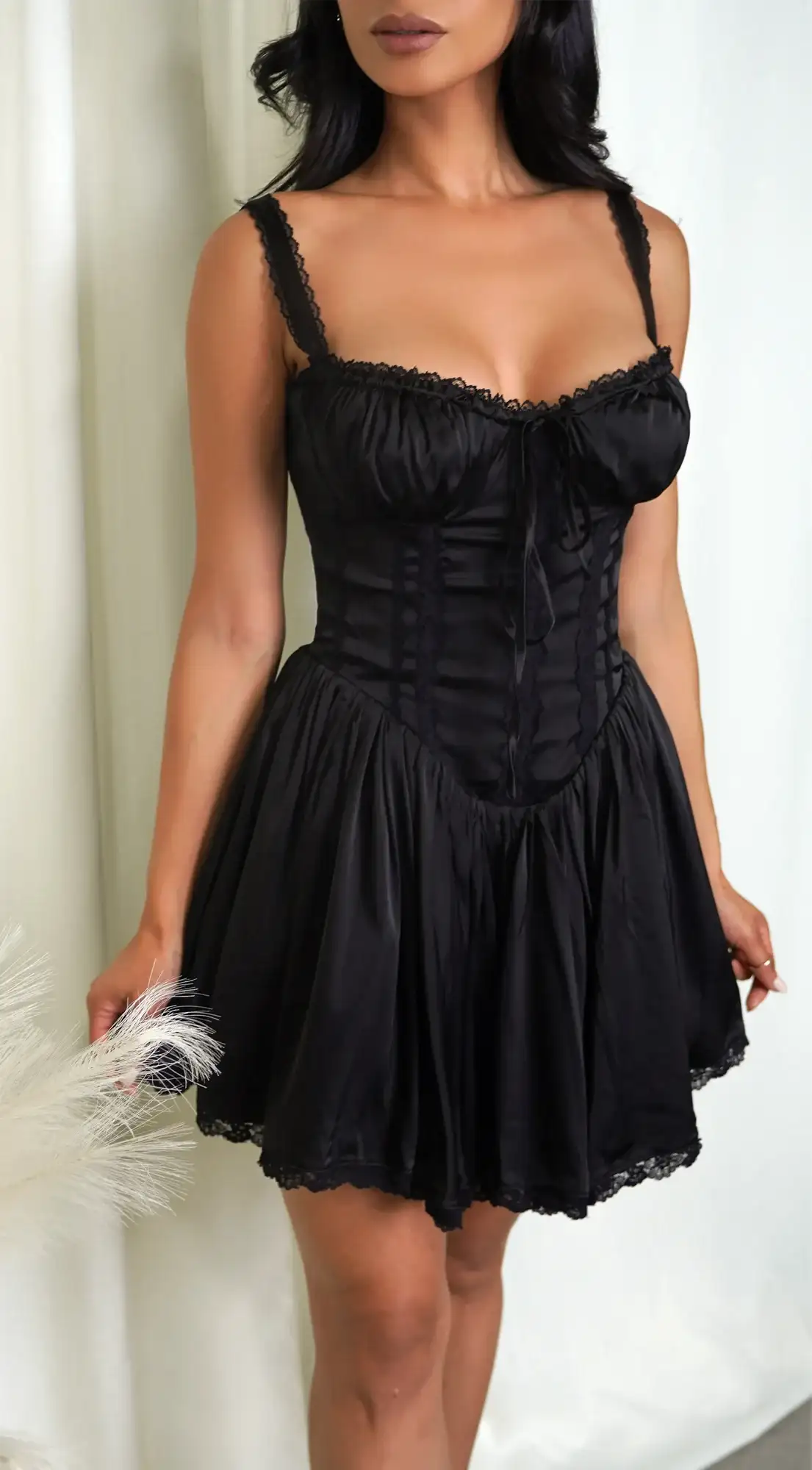 Image of Camilla Black Satin Corset A-Line Mini Dress