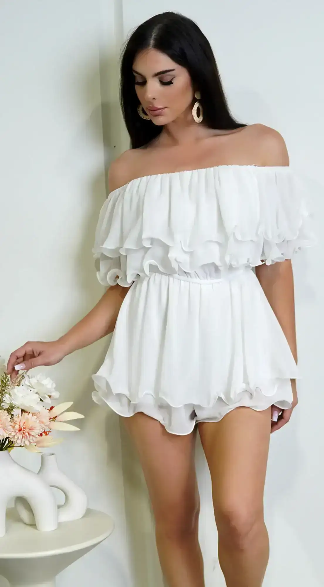 Image of Karli Off Shoulder Ruffled Romper - White