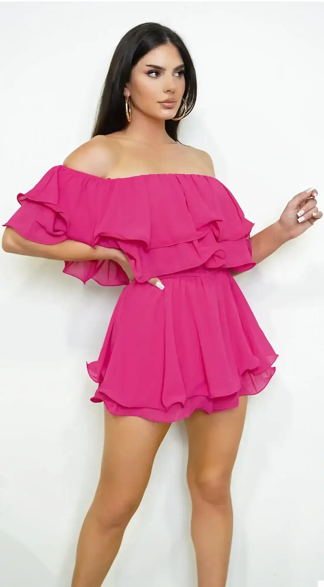 Image of Karli Off Shoulder Ruffled Romper - Pink