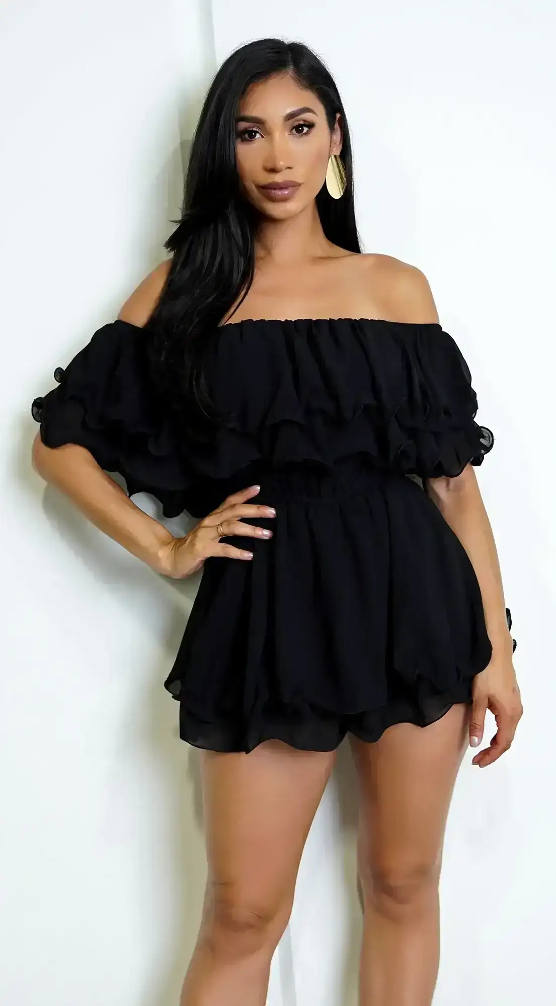 Image of Karli Off Shoulder Ruffled Romper - Black