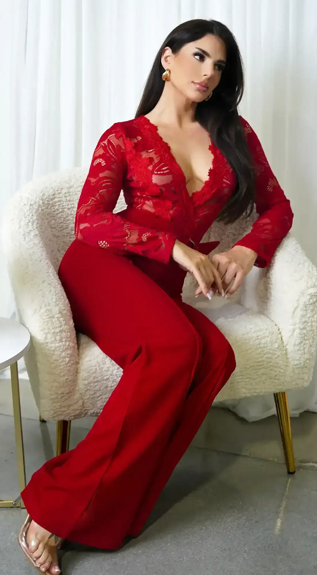 Image of Milani Long Sleeve Lace Crochet Jumpsuit - Red