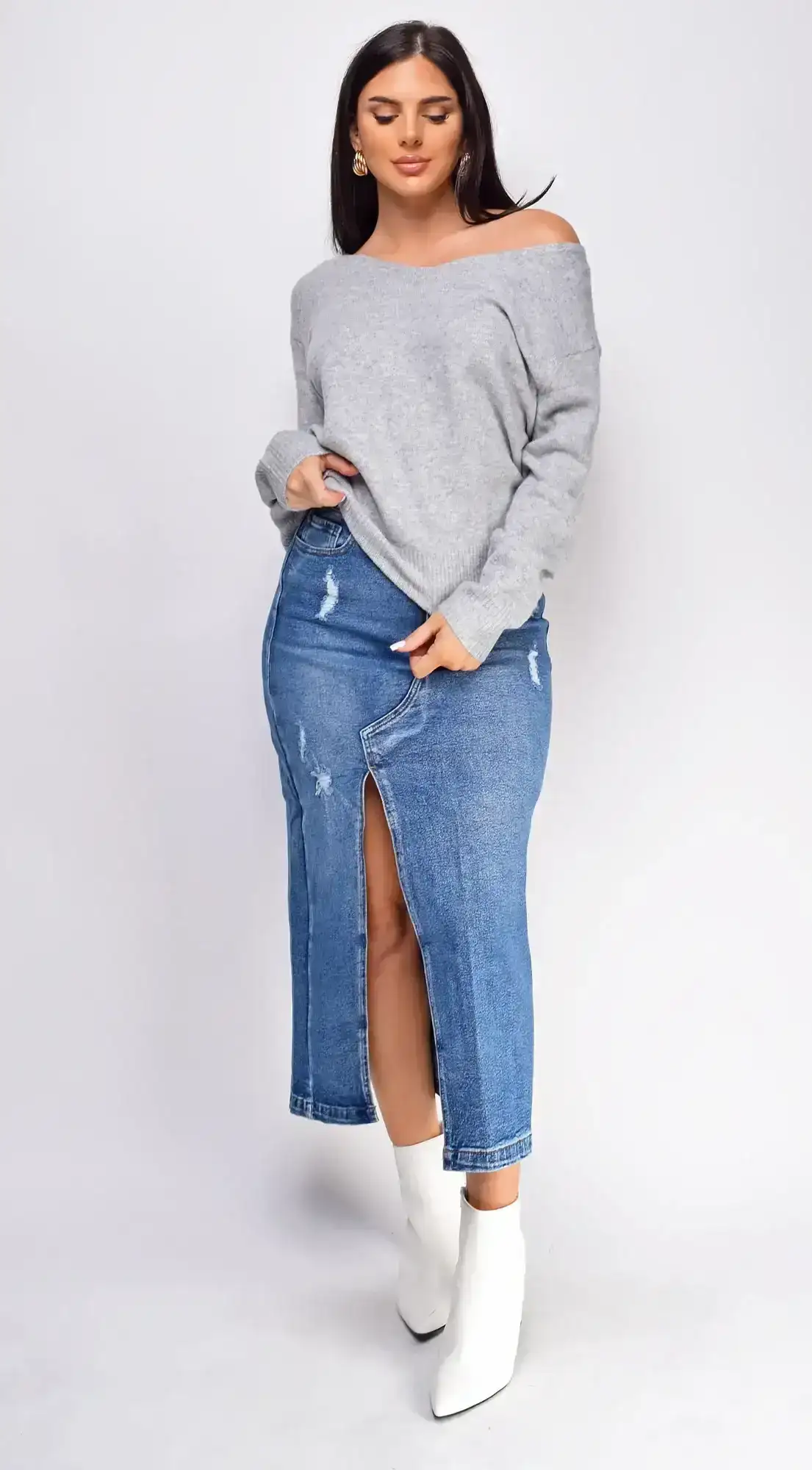 Image of Tulli Blue Medium Wash Midi Denim Skirt