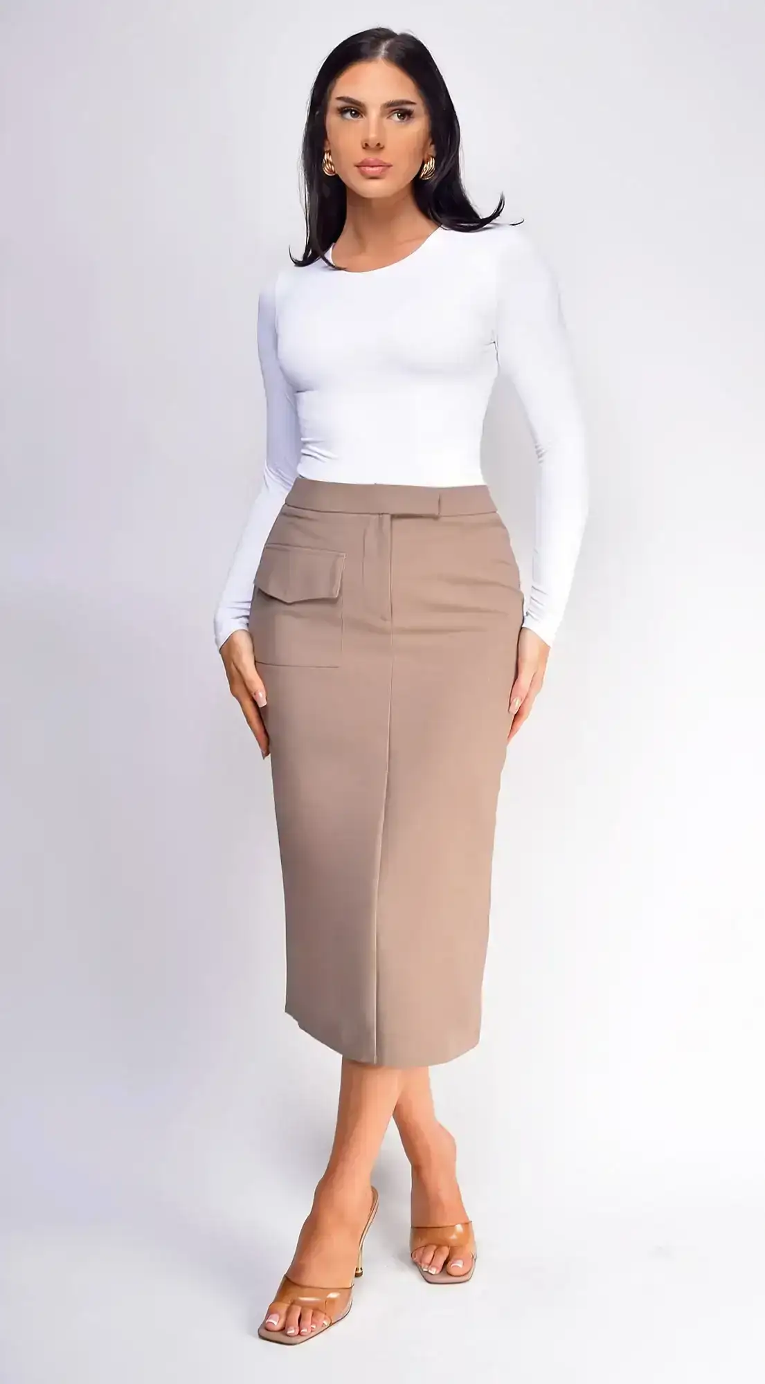 Image of Hailey Mocha Beige Front Pocket Midi Skirt