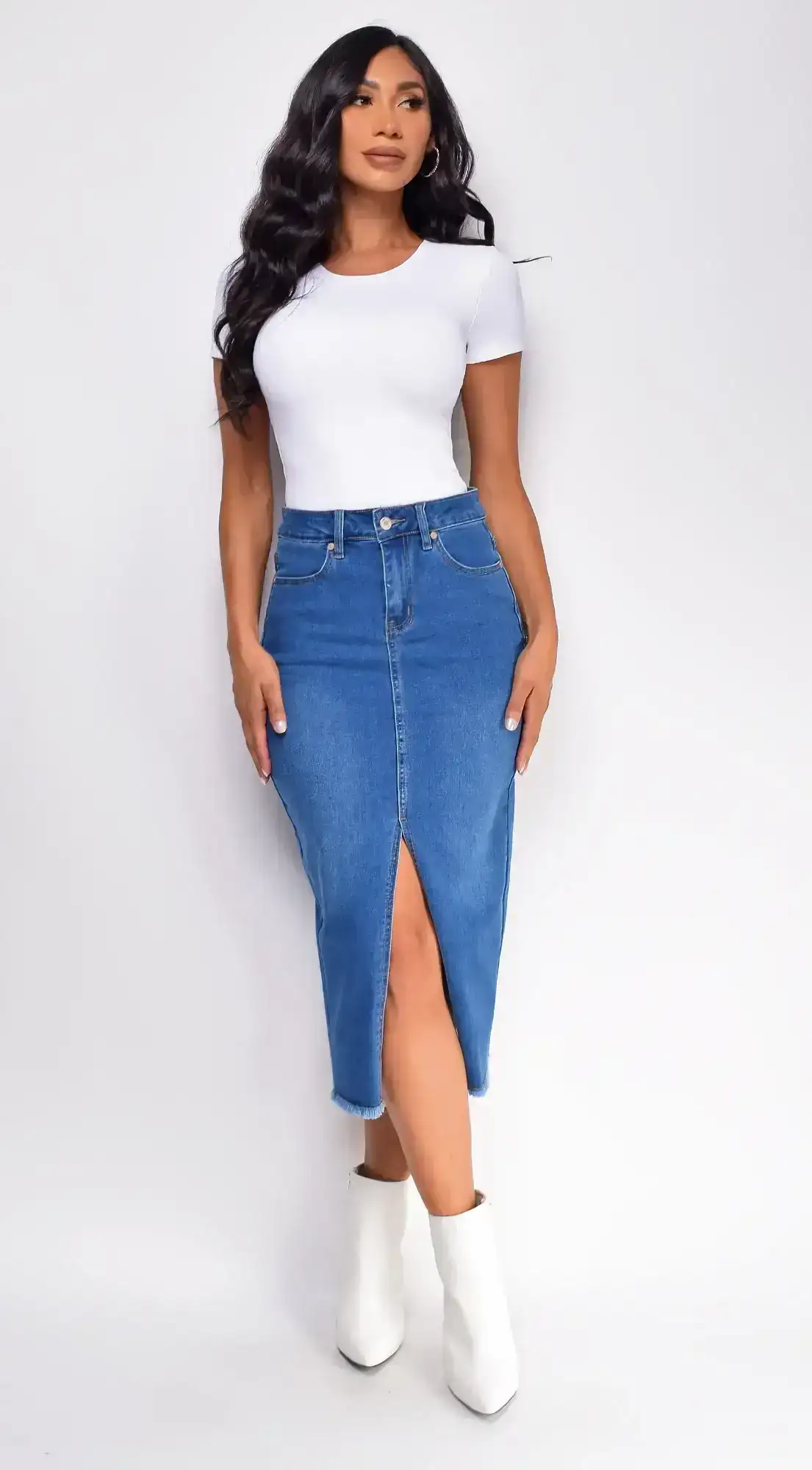 Image of Saery Blue Denim Split Midi Skirt