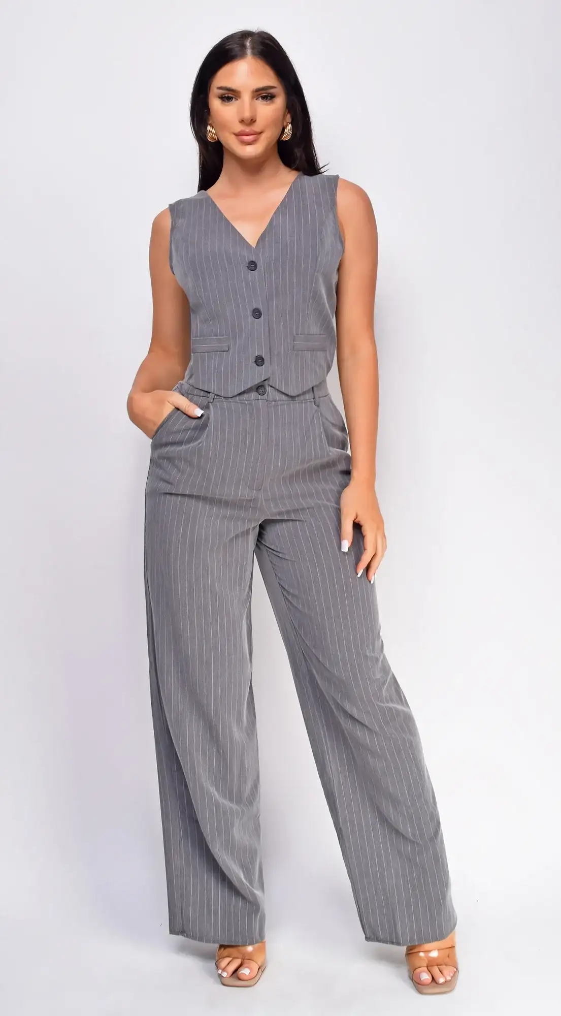 Image of Miya Grey Pinstripe Button Down Vest Set
