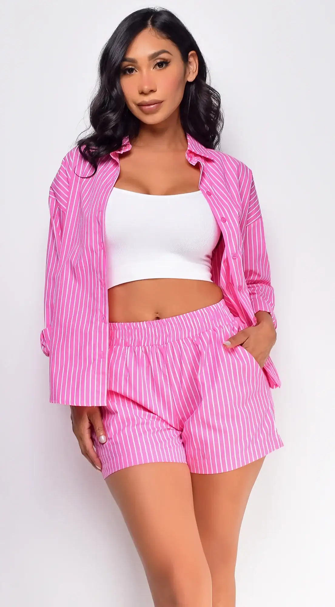 Image of Lani Pink White Striped Two Piece Shirt Set