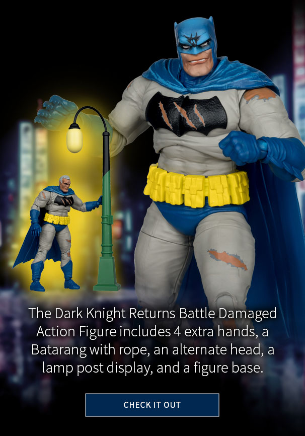 The Dark Knight Returns Battle Damaged Action Figure includes 4 extra hands, a Batarang with rope, an alternate head, a lamp post display, and a figure base. Check It Out 