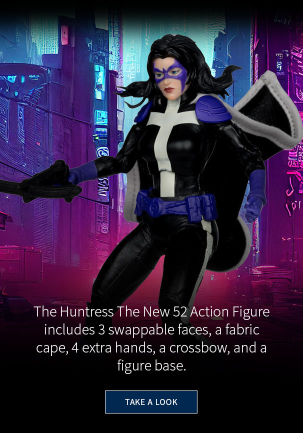 The Huntress The New 52 Action Figure includes 3 swappable faces, a fabric cape, 4 extra hands, a crossbow, and a figure base. Take a Look