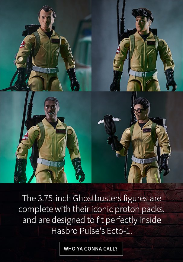 The 3.75-inch Ghostbusters figures are complete with their iconic proton packs, and are designed to fit perfectly inside Hasbro Pulse's Ecto-1 Who Ya Gonna Call?