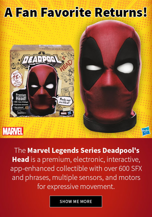 The Marvel Legends Series Deadpool's Head is a premium, electronic, interactive, app-enhanced collectible with over 600 SFX and phrases, multiple sensors, and motors for expressive movement.