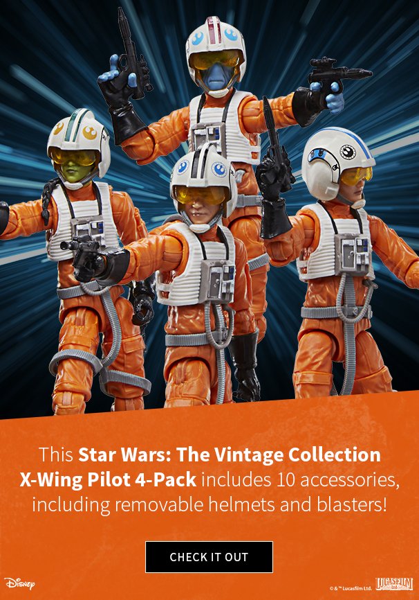 This Star Wars: The Vintage Collection X-Wing Pilot 4-Pack includes 10 accessories, including removable helmets and blasters! 