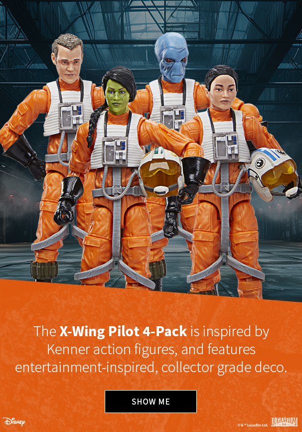 The X-Wing Pilot 4-Pack is inspired by Kenner action figures, and features entertainment-inspired, collector grade deco. 