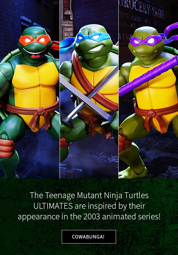 The Teenage Mutan Ninja Turtles ULTIMATES are inspired by their appearance in the 2003 animated series! Cowabunga! 