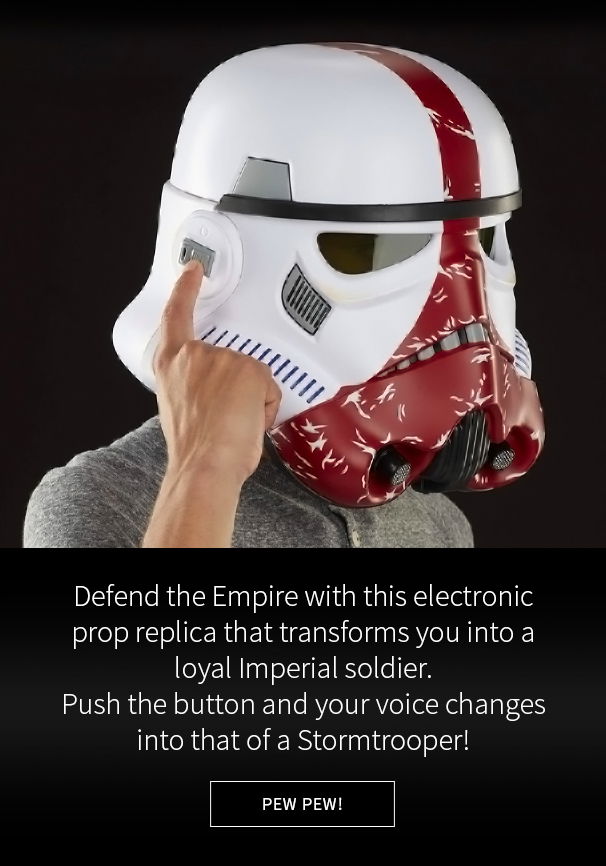 Defend the Empire with this electronic prop replica that transforms you into a loyal imperial soldier. Push the button and your voice changes into that of a Stormtrooper! Pew Pew! 