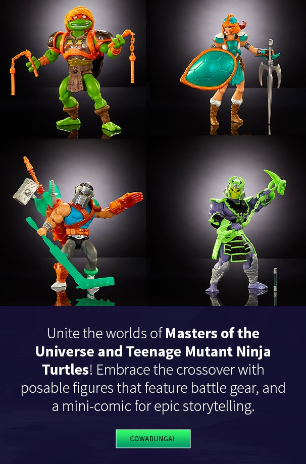 Unite the worlds of Masters of the Universe and Teenage Mutant Ninja Turtles! Embrace the crossover with posable figures that feature battle gear, and a mini-comic for epic storytelling. 