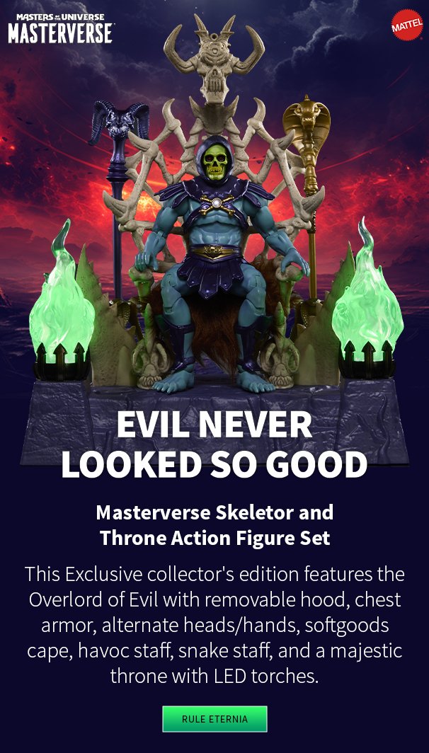 Evil Never Looked So Good Masterverse Skeletor and Throne Action Figure Set: This exclusive collector's edition features the Overlord of Evil with removable hood, chest armor, alternate heads/hands, softgoods cape, havoc staff, snake staff and a majestic throne with LED torches.