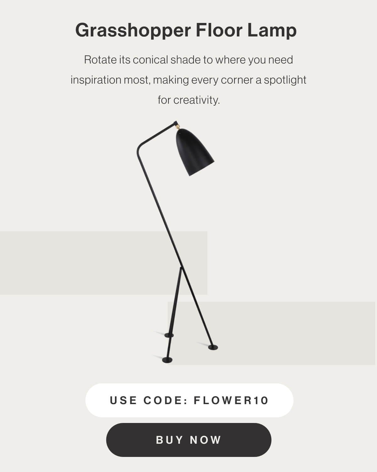 Grasshopper Floor Lamp - Rotate its conical shade to where you need inspiration most, making every corner a spotlight for creativity. - Use code: FLOWER10 - Buy Now