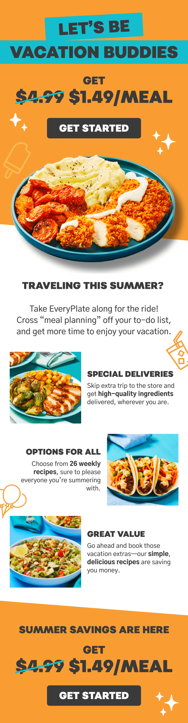 Let's be vacation buddies. Get \\$1.49/meal now.