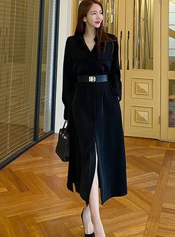 Black Single-breasted Belted Shirt Maxi Dress