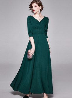 V-neck 3/4 Sleeve Empire Waist Prom Maxi Dress