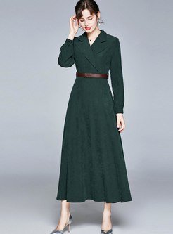 Work Notched Collar Belted Long Party Dress