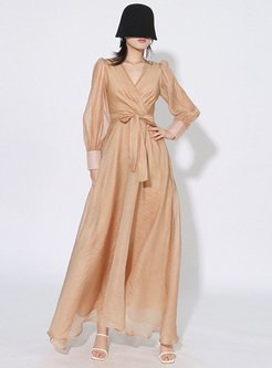 Glossy Tie V-Neck Big Hem Maxi Dresses