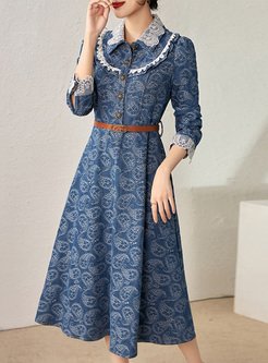 Hot Lace Patch Jacquard Denim Dresses