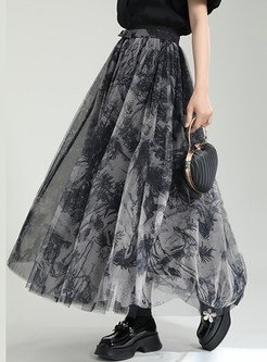 Draped Mesh Printed Big Hem Skirts