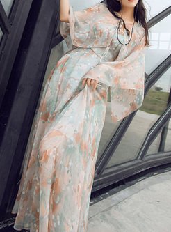 Blooming All Over Print Chiffon Beach Long Dresses