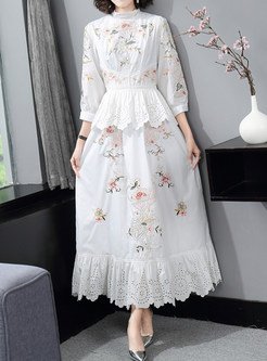 Mock Neck Embroidered Ruffle Hem Maxi Dresses