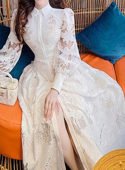 Glamorous Shirt Collar Openwork White Maxi Dresses