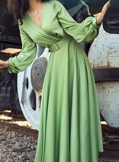 Blooming V-Neck Gathered Waist Big Hem Long Dresses