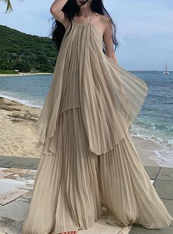 Flutter Pleated Halter Neck Long Dresses