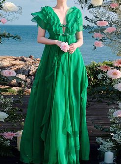 Resort Purfle Bowknot Chiffon Maxi Dresses