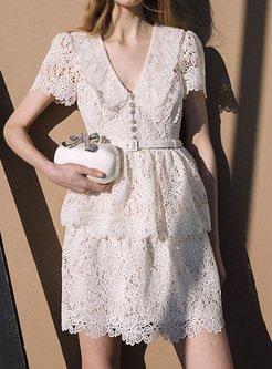 Lapel Embroidered Lace Layered Dresses