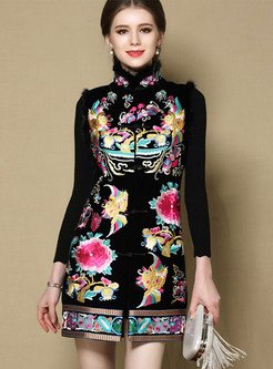 Pretty Mockneck Embroidered Bodycon Cheongsam Dresses