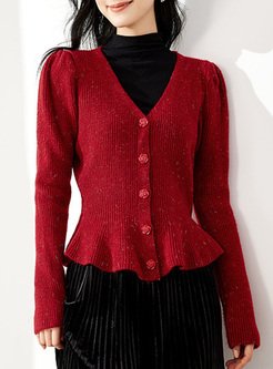 Pretty V-Neck Ruffle Hem Women Sweaters