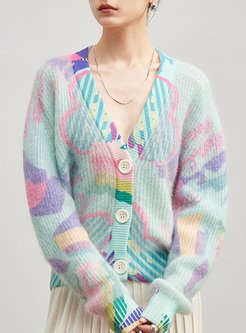 Chic Colorful Printed Mohair Knit Cardigan Women