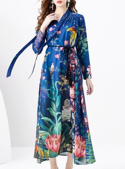 Court Tie Printed Long Sleeve Maxi Dresses