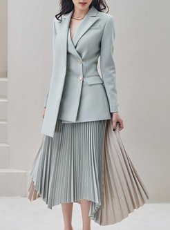 Business Button Closure Blazer & Patchwork Skirts