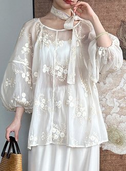 Fairy Tie Embroidered Sheer Women Blouses