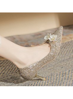 Sequins Flower Pointed Toe Heels Women