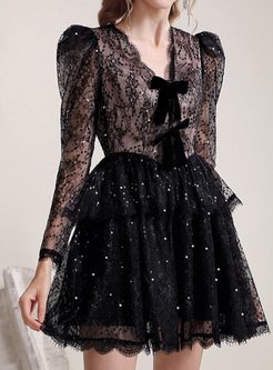 Cute Lace Sequins Mesh Bubble Dresses