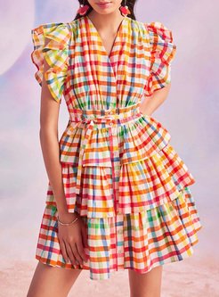 Colorful Flutter Sleeve Plaid Layered Dresses