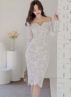 Off-the-shoulder Lace Openwork Bodycon Dress